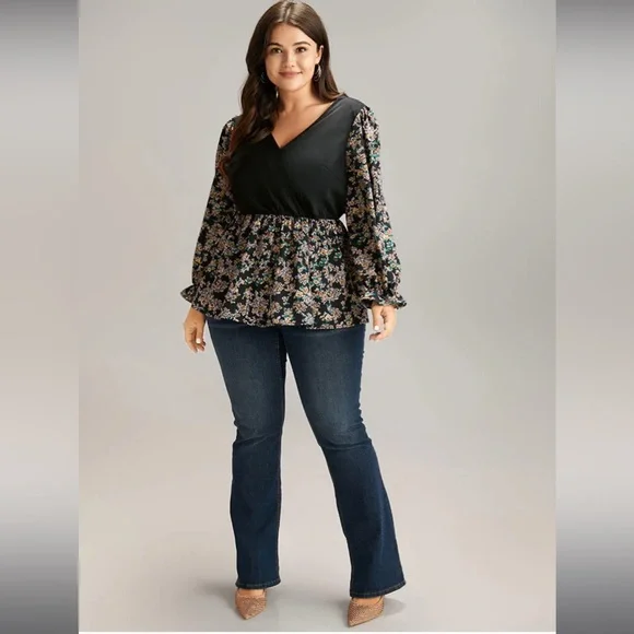 BloomChic Ditsy Floral Patchwork Elastic Waist Blouse Black / 22-24 / 3X - Picture 13 of 14